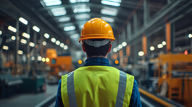 Worker in hard hat and safety vest walks through a large industrial factory - Powered by Adobe