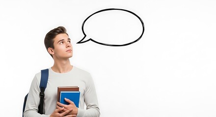 Young man with books and thought bubble backpack thinking