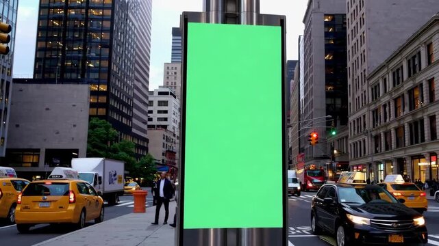 New York city bus stop with vertical digital billboard mockup green screen.