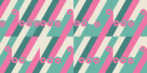 Repeating pattern of diagonal stripes with pink circles on a light background in pastel colors