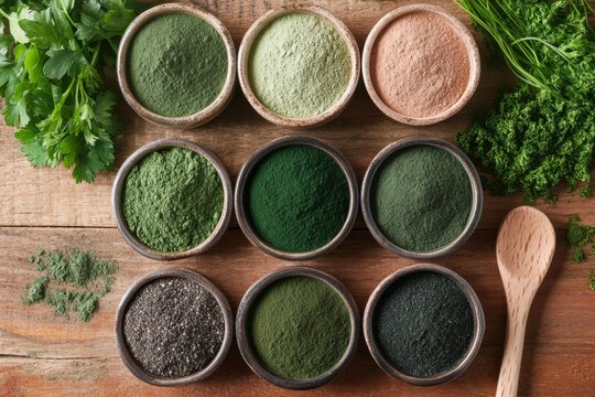 Top view of various superfood powders in wooden bowls arranged on wooden surface with fresh green herbs and wooden spoon, creating natural and healthy vibe