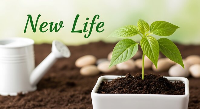 Young green plant growing in soil with watering can