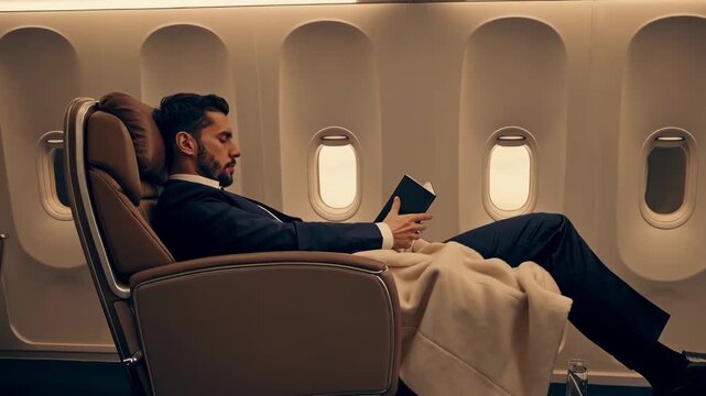 Executive relaxing in business class seat with blanket, reading book.