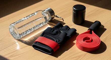 Workout gear on wooden floor fitness equipment