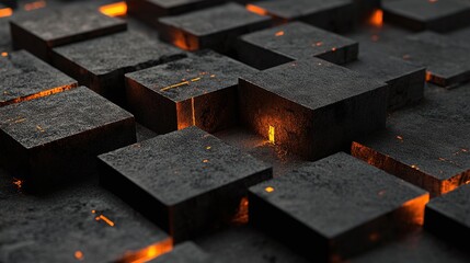 Abstract Geometric Composition of Raised Dark Blocks with Glowing Orange Undersides Creating a Futuristic and Industrial Atmosphere
