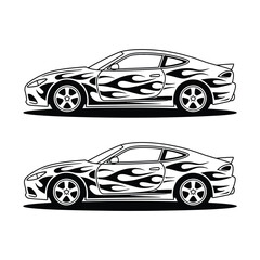 Fototapeta premium Dynamic vector illustration of a sleek sports car, adorned with aggressive flame graphics, emphasizing speed and power.