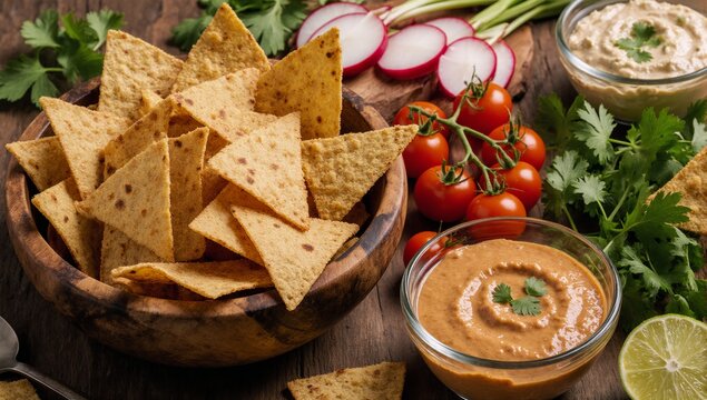A Mexican-inspired snack featuring crispy tortilla chips with fresh ingredients and dips in a wooden bowl
