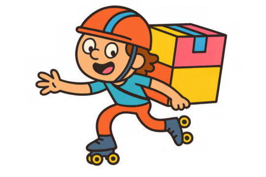 Delivery person on roller skates carrying a package quickly delivering an online order. Fast courier shipping service concept - Powered by Adobe