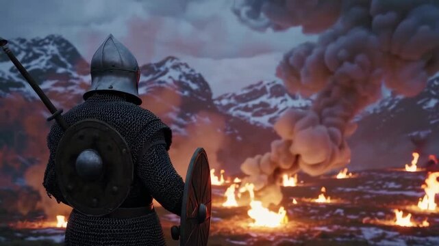 Medieval knight with chainmail armor and Viking shield overlooking fiery battlefield with snowy mountains.