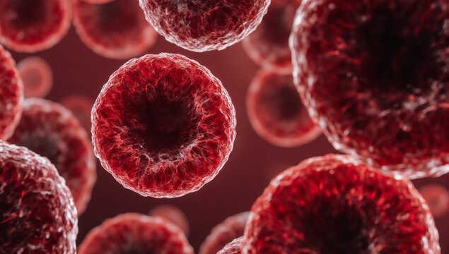 A 3D abstract illustration of red blood cells erythrocytes in a microbiological context - Powered by Adobe