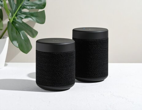 Two cylindrical speakers next to a houseplant - Powered by Adobe