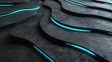 Abstract futuristic background with textured dark wavy layers and glowing blue lines creating a dynamic and modern design concept.