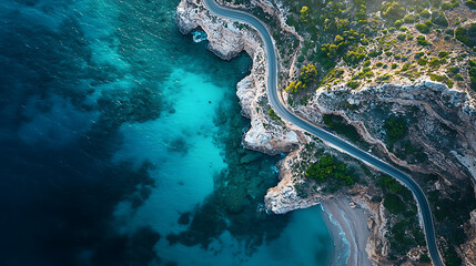 Aerial view of a winding coastal road carved into a rugged cliffside overlooking turquoise ocean