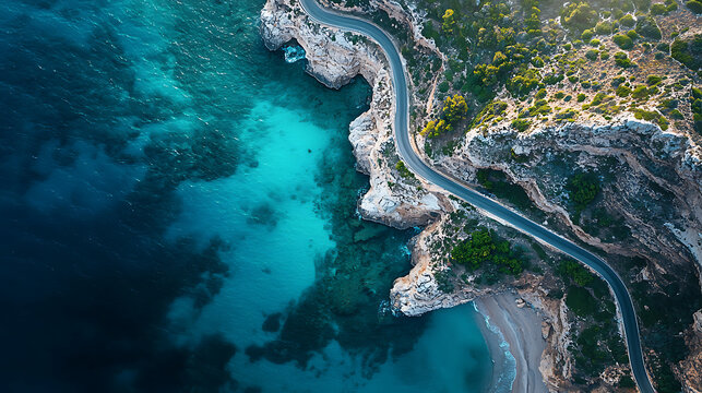 Aerial view of a winding coastal road carved into a rugged cliffside overlooking turquoise ocean - Powered by Adobe