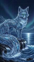 Obraz premium Mythical crystalline fox stands on coastal rocks under a starry night sky illuminated by aurora