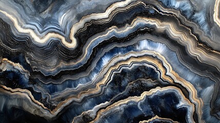 Abstract natural patterns of agate stone with contrasting blue, black, and beige layers creating a mesmerizing geological texture.