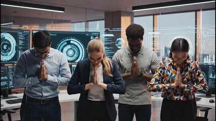 Diverse team of professionals in a modern office environment, engaging in a collaborative gesture - Powered by Adobe