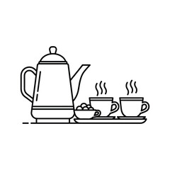 Elegant line art illustration of a coffee pot, cups, and a bowl isolated on