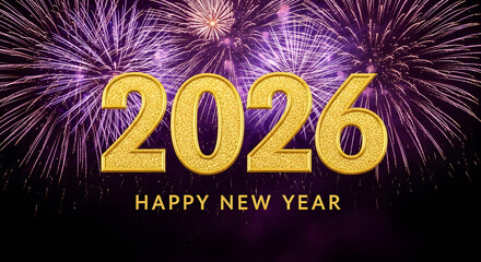 Golden 2026 text with happy new year message against a backdrop of vibrant purple fireworks