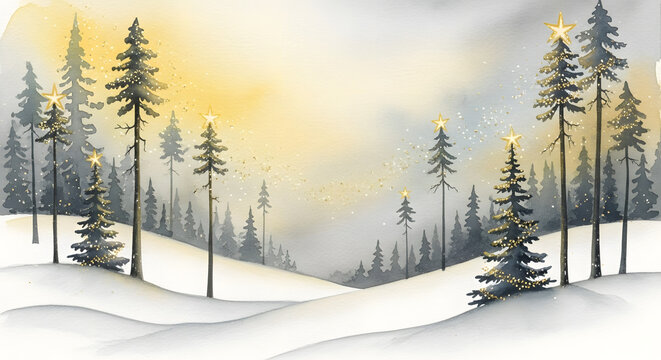 Misty winter forest landscape with tall evergreen trees and soft golden sunlight through fog