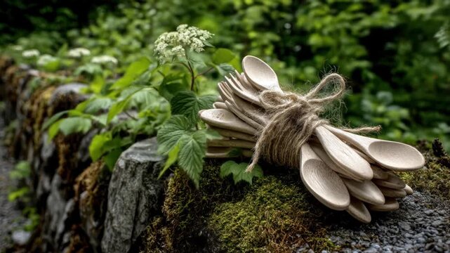 Wooden spoons bundled with twine, resting on a mossy surface with greenery in background