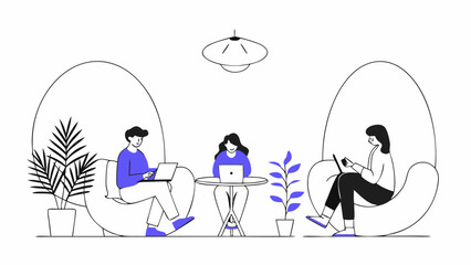 Three people working on laptops in a modern setting with plants and a hanging light fixture