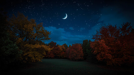 A serene mystical autumn night. Dark sky. Thin crescent moon, scattered stars. Silver moonlight. Vibrant orange, yellow, red foliage. Fireflies. Travel content, nature backgrounds, brochures, posters