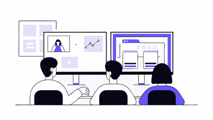 People viewing screens with video call and website interface in a collaborative work environment setting