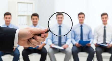 Hand holding magnifying glass over candidate in office, recruitment and job selection process