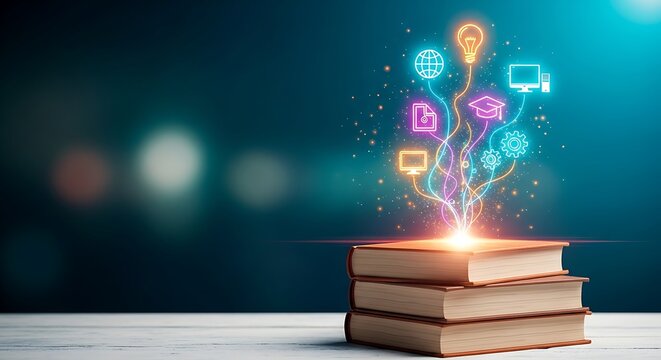 Books with glowing icons represent knowledge and learning, symbolizing the power of education to illuminate minds and inspire innovation and creativity