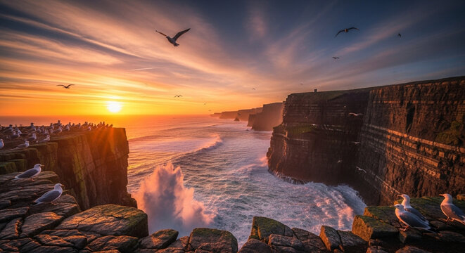 Dramatic ocean cliffs at sunset with seagulls and crashing waves