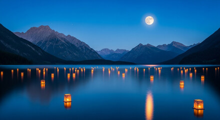 Floating lanterns on a serene mountain lake under a full moon