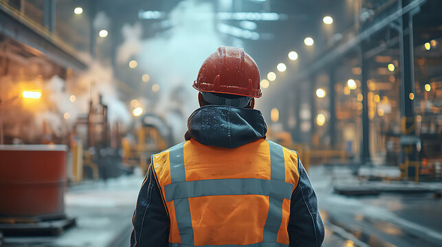 Worker in hard hat and safety vest walks through industrial factory hallway