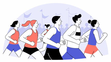 A group of runners participating in a marathon race with spectators and flags in the background scene