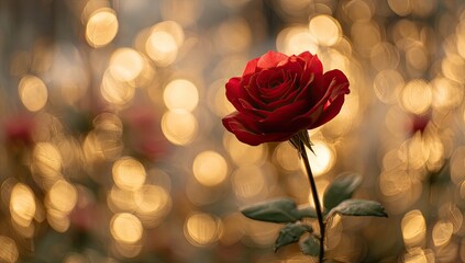 Close-up of a vibrant red rose, surrounded by soft, golden bokeh lights, creating a dreamy atmosphere