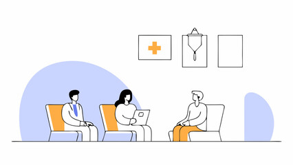 People sitting in a waiting room with medical posters on the wall in a clinic or hospital area