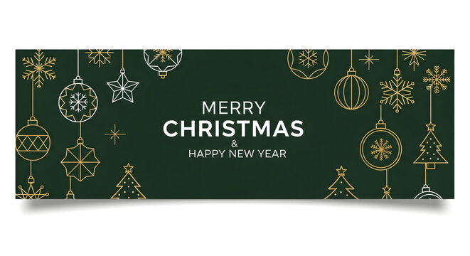 Elegant merry christmas and happy new year greeting banner with festive hanging ornaments and snowflakes on dark green background - Powered by Adobe
