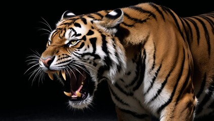 Obraz premium Tiger in attack pose displaying teeth against a dark backdrop