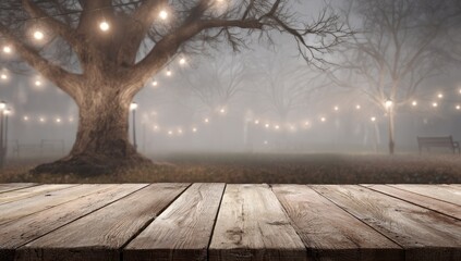 A rustic wooden table overlooks a misty park with glowing fairy lights and leafless trees
