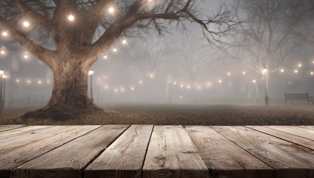 A rustic wooden table overlooks a misty park with glowing fairy lights and leafless trees