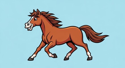 Obraz premium Cheerful cartoon horse trotting on light blue background