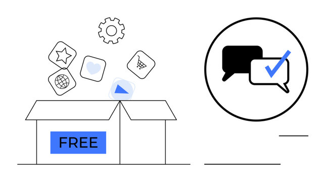 Box labeled FREE releasing app icons for shopping, media, and tools. Chat icons with check mark represent trust. Ideal for software, services, tech, communication security trust minimalism. Simple