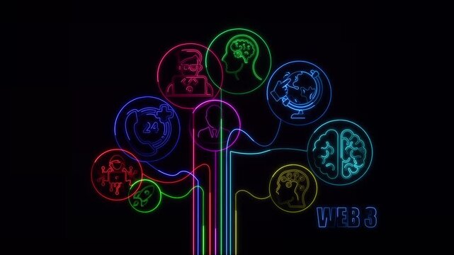 Animated Web3 Icon Connected to Futuristic Website Development Graphic Representing Blockchain, Decentralized Network, and Modern Internet Technology on Black Background 4K Video.