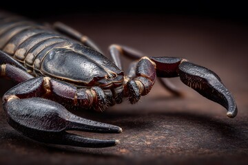 Close-up of a black scorpion with powerful pincers