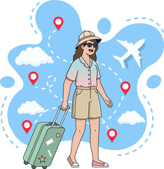 tourist with luggage travel vacation tour traveling summer holiday journey concept Isolated flat vector template design