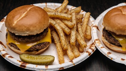 Classic cheeseburger with fries and pickles on a paper plate