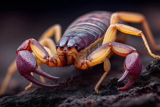 Close-up of a black scorpion with powerful pincers