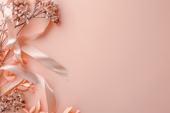 A delicate arrangement of dried flowers and a soft pink ribbon rests against a light, pastel background. Ideal for crafting projects or as elegant decor for special occasions