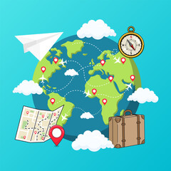 traveling around the world holiday journey destination point cloudy sunshine time to travel vector illustration.eps