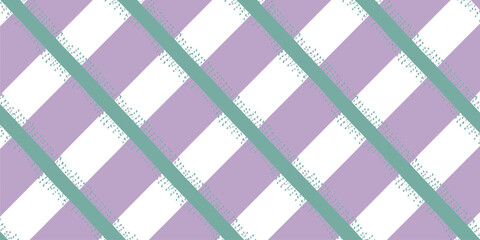 A pastel pattern with lavender and white squares and turquoise stripes in a diagonal orientation